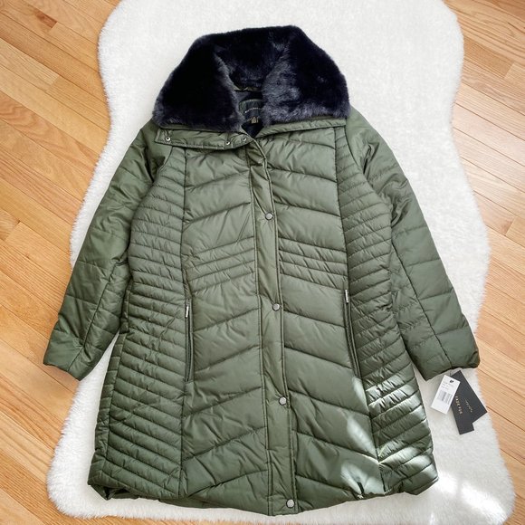 WEATHERPROOF Women's Modern Shaped Puffer Coat, Faux Fur, Olive, Size 1X - Picture 1 of 9